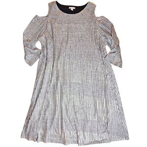 Cato Shimmery Silver Metallic Cold Shoulder Shift Dress